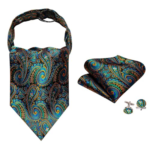Image of Barry.Wang Ascot Ties Cravat Tie Men Paisley Plaid Scarf Self Tie Pocket Square Cufflinks Set Wedding Party