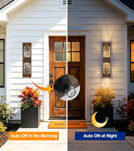 Image of Outdoor Porch Light, 18.5 inch Rustic LED Dusk to Dawn Wall Sconce Light | Rustic Wood-Grain,Crystal Glass Shade, IP65 Waterproof,12W 3000K Hardwired, Rust-resistant for Entryway /Garage /Patio /Doorway.