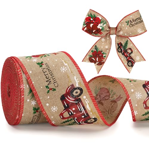 KINGLAKE Merry Christmas Wired Ribbon for Wreath Bows Making, 10M 2.5 Inch Wide Brown Ribbon, Natural Hessian Burlap Xmas Wired Ribbons for Christmas Tree Decorations, Gift Wrapping, Crafts