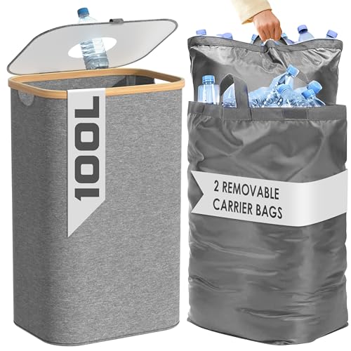 BAM BOO BOX Contenitore raccolta differenziata 100L con 2 borse – Bidoni differenziata da interno per immondizia e bottiglie vuote – Cestini raccolta differenziata cucina (Grigio)