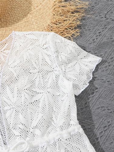 WDIRARA Girl's Tropical Pattern Lettuce Hem Mini Cover Up Dress Collarless Neck Short Sleeve Mesh Beach Dress4