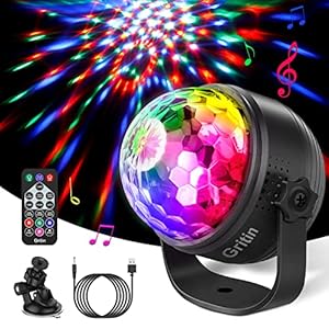 Disco Lights, Gritin 360° Rotation Sound Activated Disco Ball Party Lights with Remote Control – 3W RGB Dynamic Light…