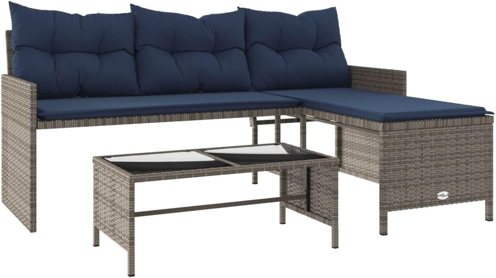 3-Seater L-Shaped Patio Sofa Set with Table - Gray Poly Rattan, Navy Cushions, Powder-Coated Steel Frame & Glass Top