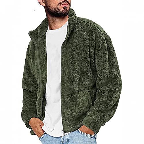Burband Mens Soft Fleece Sherpa Warm Pullover Sweaters Plaid Jackets Zip up Cozy Cardigan Furry Teddy Coats Fuzzy Outwears Army Green