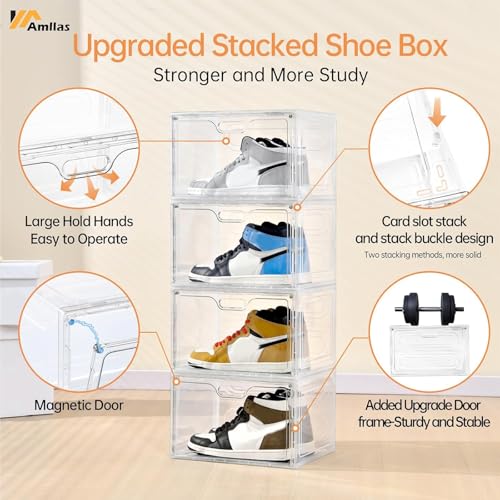 Image of Amllas 8 Pack Shoe Boxes Clear Plastic Stackable, Large Shoe Storage Organizer with Lids,Drop Side Shoe Containers for Entryway,Sneaker Storage Fit up to US Size 13 (13''x 10.6 inchx 8.3 inch)
