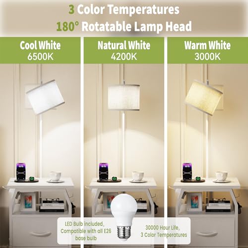 Image of runjuly Floor Lamp with Table, End Table with Light and Charging, White