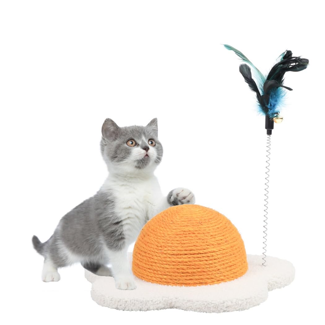 Katzenkratzbaum in Spiegelei-Form, runder Katzenschaber, Kratzfeste Krallenkugel mit 2 lustigen Katzenangeln, Kratzbrett für Katzen, wandmontiertes interaktives Spielzeug für Wohnungskatzen