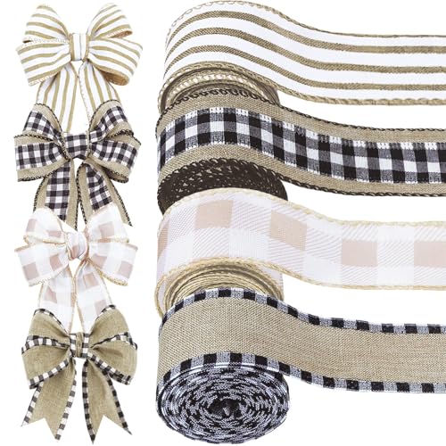 4 Rolls Winter Burlap Checked Ribbon Wire Border Christmas Holiday DIY Present Butterfly Floral Craft Decor 1.5 Inches Wide 13.2 Yard (Natural)