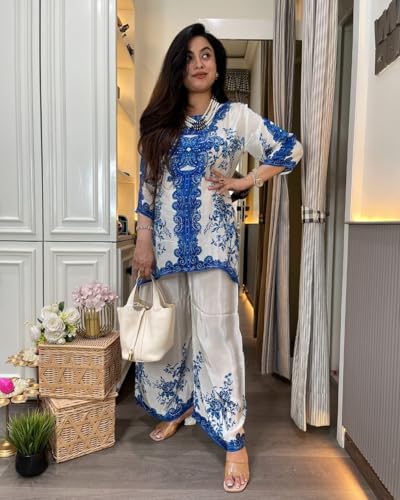 Image of GoSriKi Women Rayon Viscose Straight Printed Kurta with Palazzo | Two Piece Ethnic Kurta Palazzo Set for Women | Indian Traditional Dress |Printed Kurti with Bottom for Ladies