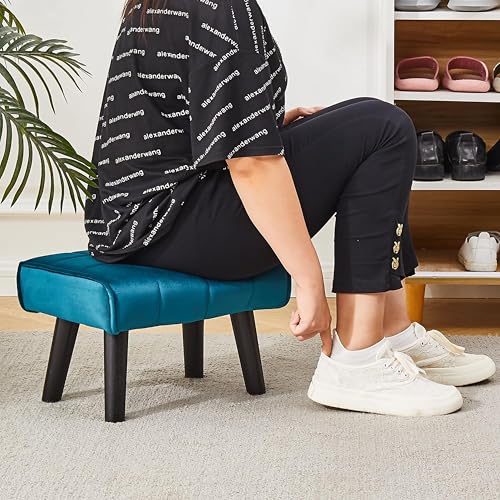 Image of Wood Modern Legs, Velvet Ottoman, Puffy Seating, Footrest, and Stool Two Contemporary stepstools for The Living Area, Bedroom, and Sofa (Set of 2 Aqua)