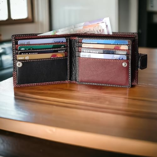 MORUCHA RFID Blocking Genuine Leather Wallet for Men – Slim Bifold Bull Leather Wallet with Coin Pocket, ID Window, 8 Card Slots – Premium Black/Brown Luxury Gift Box (Model #M75)2