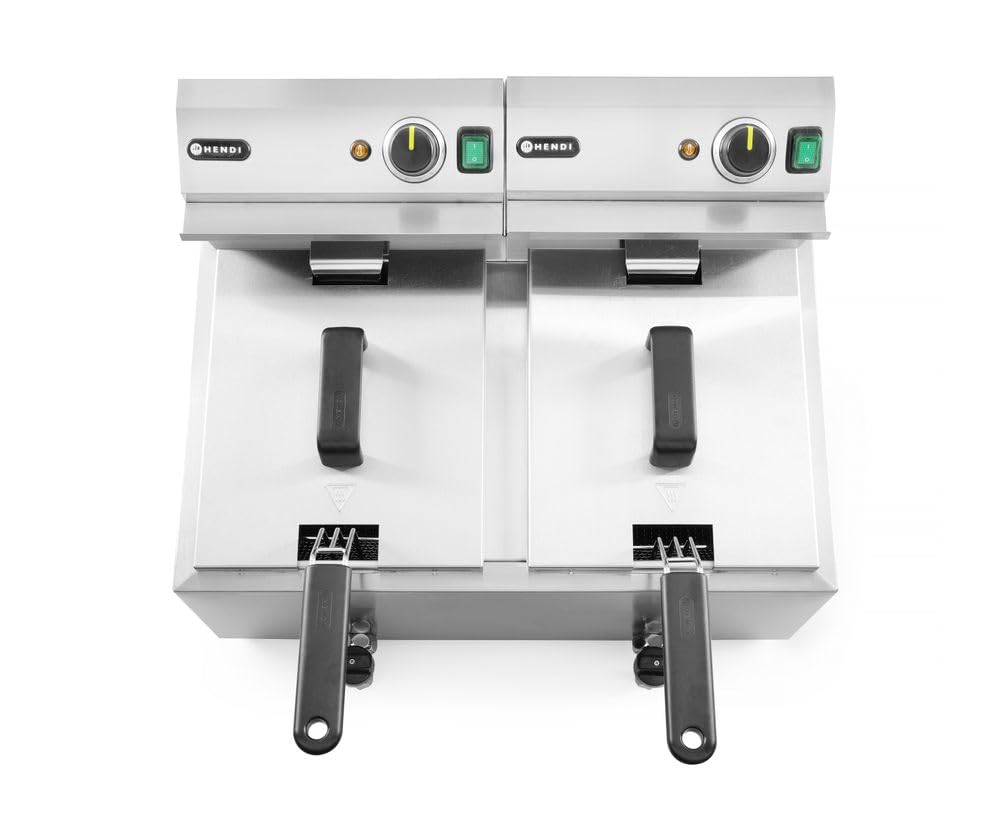 HENDI Freidora eléctrica, T ajustable hasta 195°C, termostato de seguridad, zona fría, con tapa y cesta de freír, con grifo de drenaje, 2x8L, 230V, 2x3500W, 605x515x(H)345mm, acero inoxidable 18/0