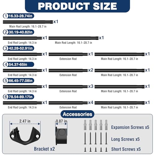 Image of Closet Rods for Hanging Clothes, 16-52 Inches 1.3 Inch Diameter,Black