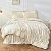 Queen Comforter Set Wheat Bedding - Ruched Comforter Queen Size Bed Set Boho Shabby Chic Bedding for Bedroom Comforter Fluffy 3 Piece Ruffle Comforter Set with Pillow White Bedding Soft