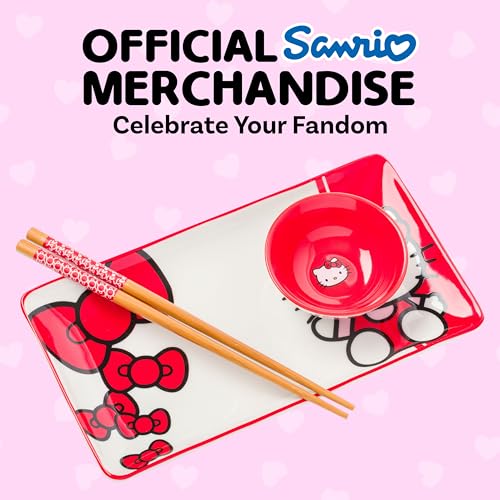 Image of Silver Buffalo Sanrio Hello Kitty Red and White Bow Ceramic Sushi Set with Dipping Sauce Dish and Matching Chopsticks