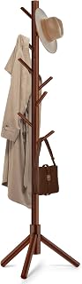 Freyawin Solid New Zealand Pine Freestanding Coat Rack with 8 Hooks, 3 Adjustable Heights up to 68.9", 53lbs Capacity for Entryway & Bedroom (Brown)