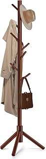 Solid Wooden Coat Rack Freestanding, New Zealand Pine Coat Tree with 8 Hooks & 3 Adjustable Sizes for Coats, Hats, Handbags and Scarves, Space Saving for Entryway/Office/Bedroom (Brown)