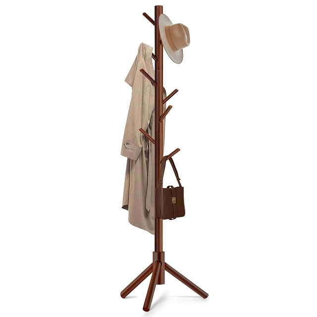 Solid Wooden Coat Rack Freestanding New Zealand Pine Coat Tree with 8 Hooks 3 Adjustable Sizes for Coats