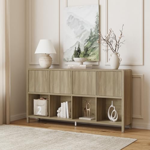 [en.casa] Aparador Bajo Lukkodso con 8 Compartimentos Mueble Auxiliar con 4 Puertas Variables Rectangular Armario Multiusos 77 x 145 x 30 cm - Efecto Roble Medio Claro