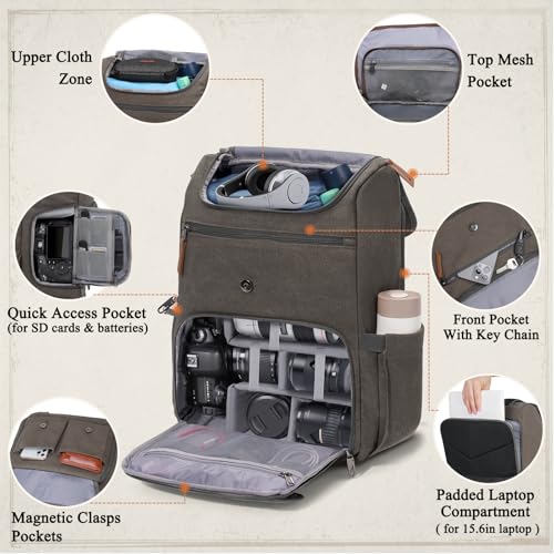 Image of RAINSMORE Camera Backpack, DSLR SLR Mirrorless Camera Bag for Photographer | 15.6 Inch Vintage Canvas Camera Case with Laptop Compartment & Tripod Holder & Rain Cover for Sony Canon Nikon Fujifilm Grey