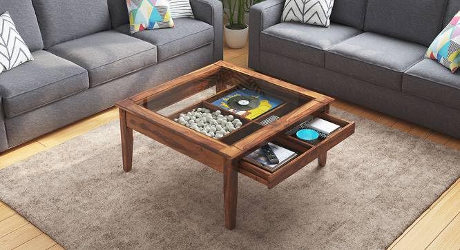 Dwell Home Square Solid Wood Coffee Table in Teak Finish with Glass Top & 1 Drawer