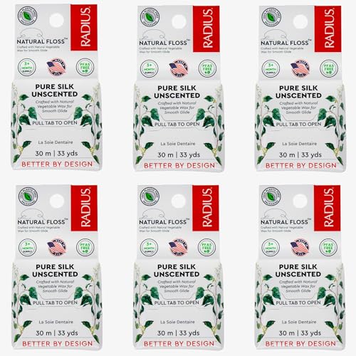 RADIUS Natural Silk Dental Floss Now 30% Thinner for Smooth Glide in Tight Teeth Hand-Spun Silk Infused with Coconut Oil Plastic-Free & Sustainable Packaging Unscented 33 YD - Pack of 6