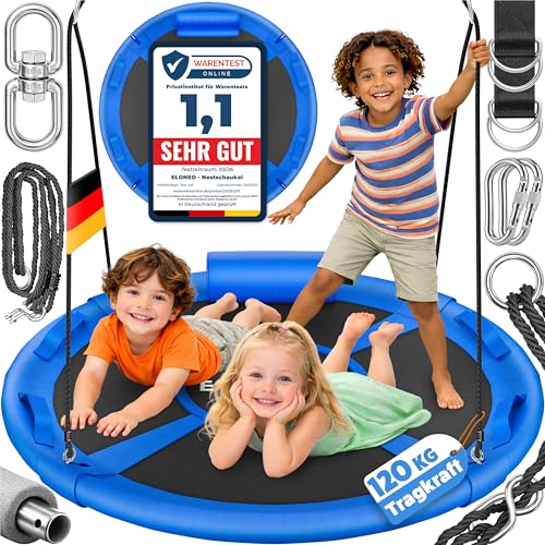 ELONEO Nestschaukel Outdoor & Indoor mit 120 cm Durchmesser | Tellerschaukel bis 120kg belastbar | höhenverstellbare Hängeschaukel inkl. Kissen, Griffen und Zubehör-Set | Premium Schaukel