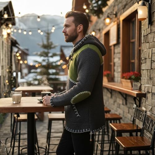 Image of Shopoholic Fashion Men Cross Zipped Patchwork Fleece Lined Long Sleeve Boho Hippie Hoodie Woollen Jacket