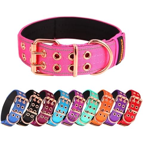 Yunleparks Heavy Duty Dog Collar Tactical Dog Collar with Neoprene Padded,Metal Buckle Dog Collar Reflective Nylon Collar for Medium Large Dog's Walking (Pink, Large) Cover