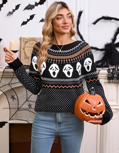 Image of Women's Fair Isle Sweaters Long Sleeve Crew Neck Loose Casual Halloween Pullover Sweater Black X-Large