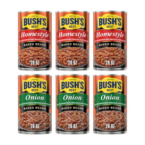 Image of Bush's Best Baked Beans Variety Pack, Seasoned Beans in Savory Sauce for BBQ, Cookouts and Easy Meals, Homestyle 28 Ounce and Onion 28 Ounce (Variety Pack)