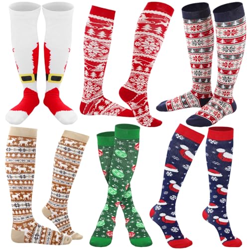 Suhine 6 Pairs Christmas Compression Sock Gift Bulk Calf Knee High Sock Long Stocking for Xmas Women Men Nurses(Classic)