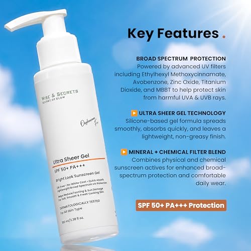 Image of Wise & Secrets SPF 50+ Sunscreen Gel 100 ml | PA+++ UVA /UVB Protection | Water Resistant, Anti-Tan & Sunburn Protection Zinc Oxide,Vitamin E & Hyaluronic Acid Hydrating, Non-Greasy For All Skin Types