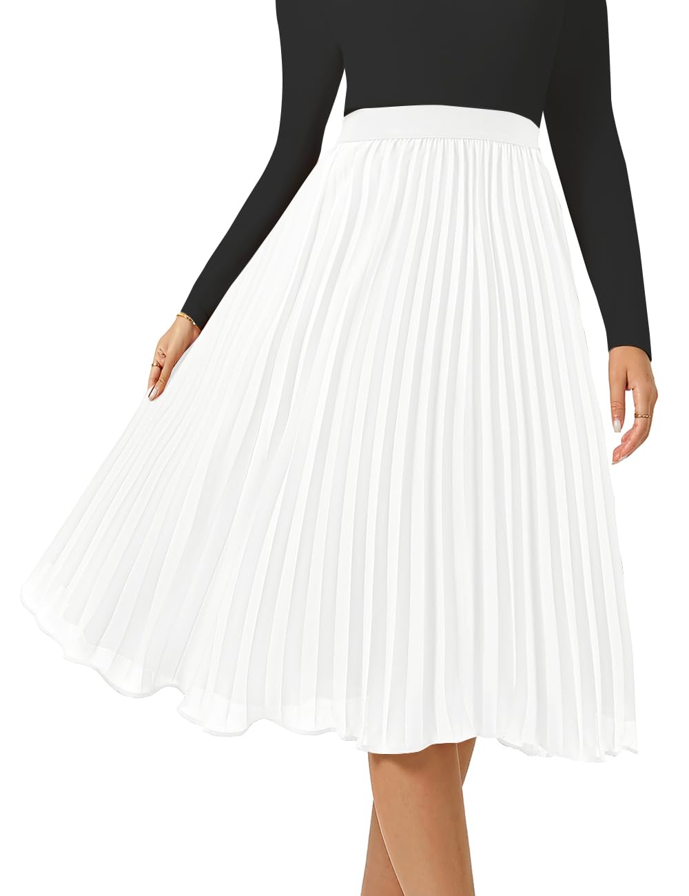 Womens Midi Skirt Elastic High Waist Pleated Skirt Knee Length Swing A-Line Casual Flowy Skirts 2025