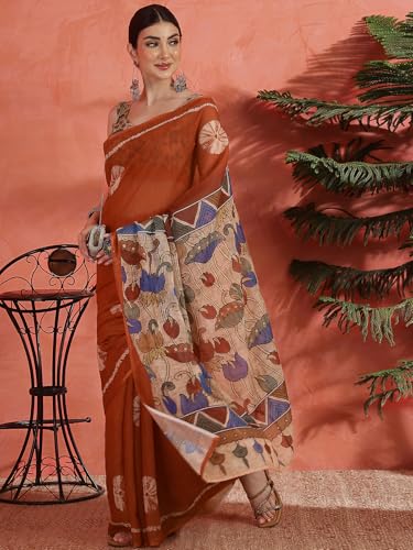 Image of Satrani Women's Linen Printed Saree with Unstitched Blouse Piece