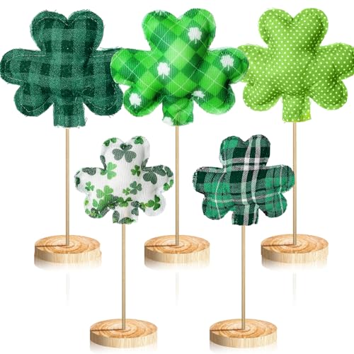 5 Pcs St Patrick's Day Table Wood Sign Fabric Shamrock Tabletop Standing Decor Irish Block 3D Rustic Freestanding Table Centerpiece for Wedding Party Farmhouse Fireplace Mantel(Shamrock)