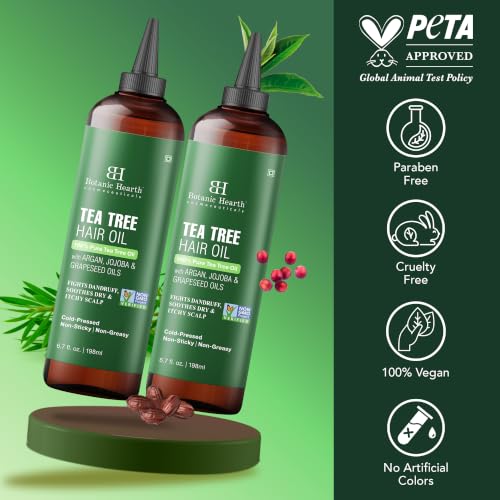 Image of Botanic Hearth Tea Tree Oil for Hair | With Argan, Jojoba & Grapeseed Oils | Soothes Itchy Scalp & Fights Dandruff | Non GMO Verified | 6.7 fl oz, Pack of 2