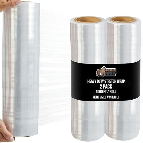 Miniatura 22 de GORILLA GRIP Film extensible 500% de plástico resistente, paquete de 2 rollos de envoltura retráctil de 1200 pies de 17 pulgadas, resistente a
