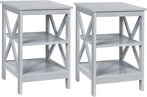 COSTWAY Mesa auxiliar para mesita de noche de 3 niveles, 2 unidades, diseño X, color gris