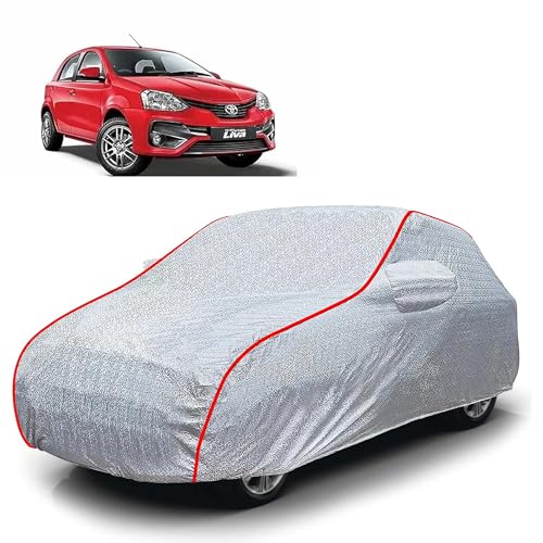 Image of Sulfar 100% Waterproof Car Body Cover Compatible with Mirror for Toyota Etios Liva (Triple Stitched, Full Bottom Elastic, Magic Silver with Red Piping)