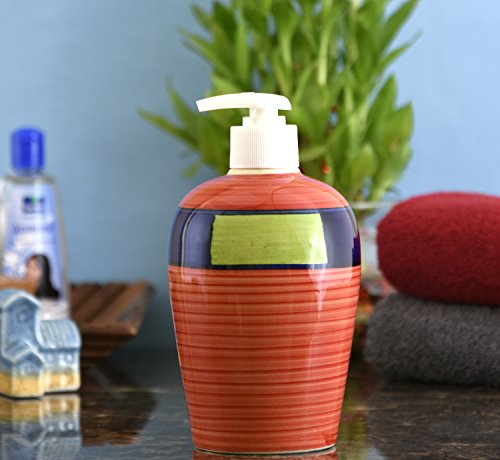 Image of Ceramic Liquid Soap Dispenser, 450 ml, Red Multicolor | Refillable Pump Bottle for Hand Wash, Lotion, Shampoo & Kitchen Use, 1 Piece