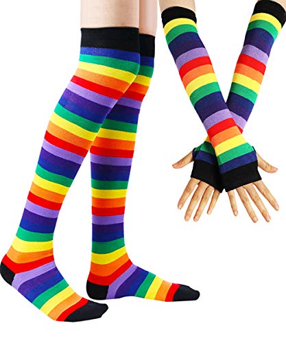 Image of YELAIVP Over Knee Rainbow Thigh High Socks Gloves Set Cosplay Accessories Arm Leg Warmers for Girls