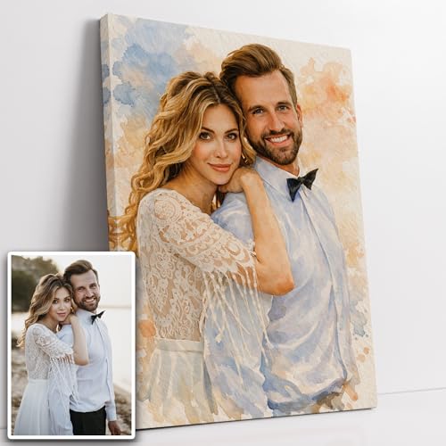 Retrato personalizado a partir de tu foto estilo acuarela artística Póster Lienzo Plexiglás o Cuadro formato retrato – Regalo original cumpleaños boda pareja familia decoración personalizada