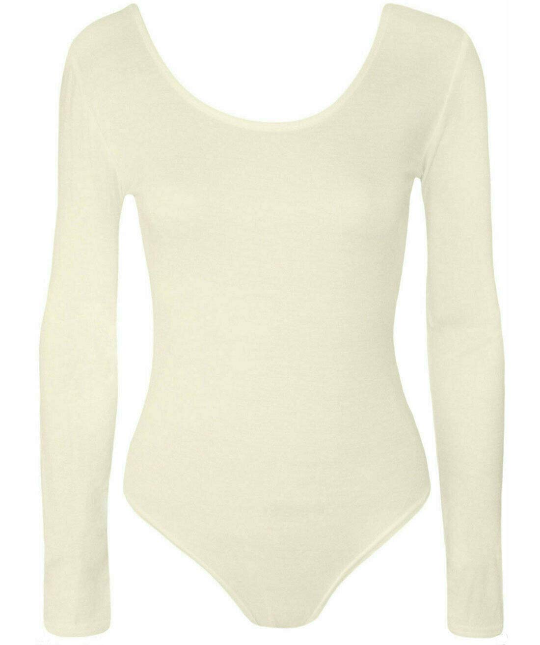 BIWTUP Womens Scoop Neck Plain Leotard Top Ladies Long Sleeve Dance Party Bodysuit Top (Cream, UK 8-10)