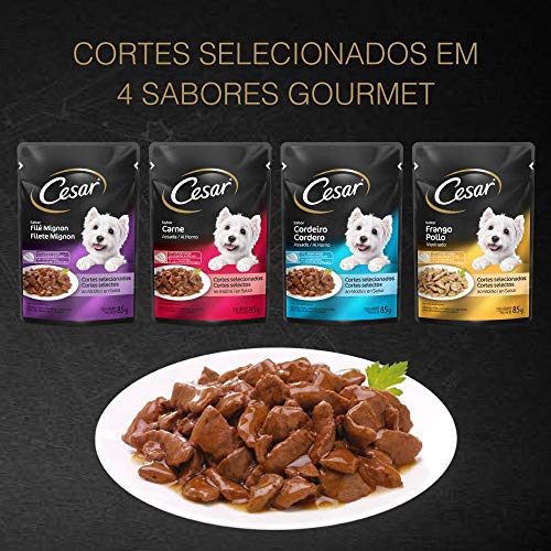 Ração Úmida Para Cachorros Cesar Sachê Cortes Selecionados Carne Assada ao Molho Adultos 85g