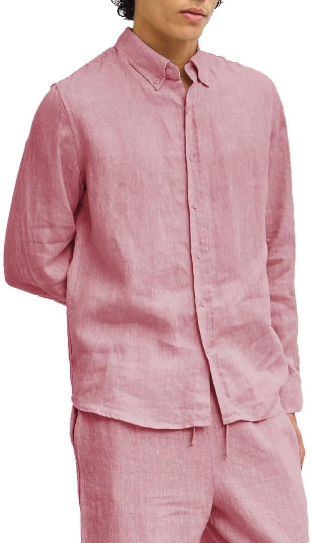 Amazhiyu Men's Relaxed Fit Pure Linen Long Sleeve Button Down Shirt Casual Summer