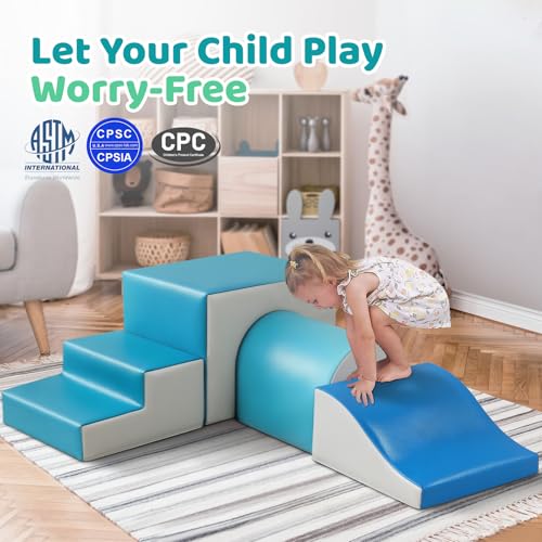 Image of Sumbababy Foam Climbing Blocks for Toddlers: with a Tunnel - 4 PCS Foam Blocks - Kids Indoor Climbers Play Structures Play Gym Soft Climber with Slide and Stair Soft Playground Green