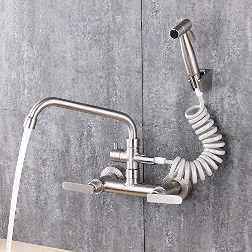 robinet mural avec douchette pistolet de pulvérisation mural, tréfilage en acier inoxydable 304, évier de cuisine, évier de buanderie, mitigeur eau chaude/froide, rotatif Cover
