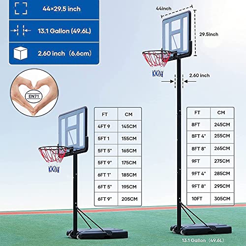 THUNDERBAY Portable Basketball Hoop Goal System Height Adjustable, 4.8-10ft Adjustable, 44in Backboard for Kids/Adults Indoor Outdoor Black/White