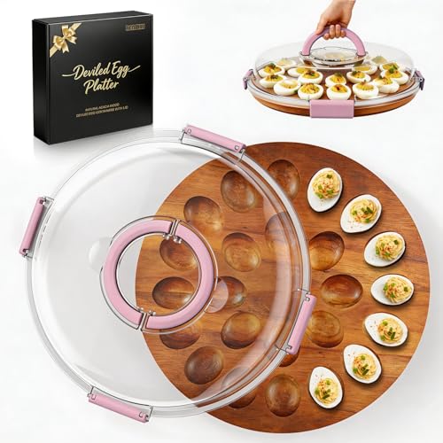 Renmxj Deviled Egg Containers with Lid, Acacia Wooden Base with 24 Slots